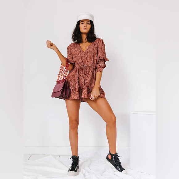 Storia Keep Your Edge Brown & Black Leopard Animal Print Ruffle Romper - S - Picture 3 of 17